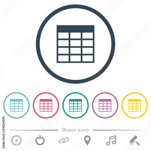 Spreadsheet table flat color icons in round outlines