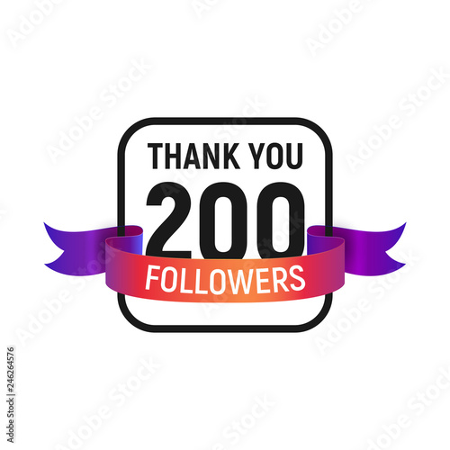 200 followers number with color bright ribbon isolated vector icon. Two hundred follower thank you
