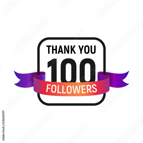 100 followers number with color bright ribbon isolated vector icon. One hundred follower thank you