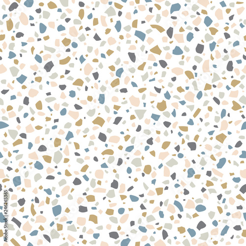 Abstract Terrazzo flooring seamless vector pattern on a white background. Imitation texture of concrete mosaic tiles.