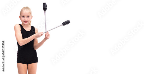 Teenager girl holding rhythmic gymnastics accessories board with blank space for text