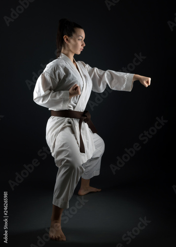 Young Woman Dressed In Traditional Kimono Practicing Her Karate Moves