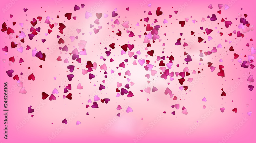 Realistic Hearts Vector Confetti. Valentines Day Wedding Pattern. Beautiful Pink Scatter Valentines Day Decoration with Falling Down Hearts Confetti. Elegant Gift, Birthday Card, Poster Background