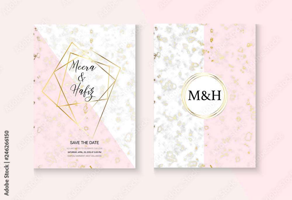 Rich VIP Marble Wedding Invitation Vector Set. RSVP, Thank You Card, Minimal Concept or Poster. Noble Soft Faded Nice Marbling Texture, Pink, Grey, White Invitation Card. Luxury Marble Wedding Kit