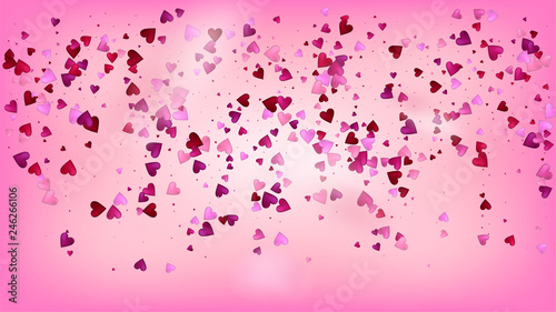 Realistic Hearts Vector Confetti. Valentines Day Wedding Pattern. Beautiful Pink Scatter Valentines Day Decoration with Falling Down Hearts Confetti. Elegant Gift  Birthday Card  Poster Background