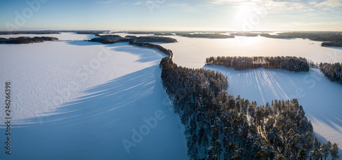 Canvastavla Aerial winter landscape panorama of ridge road in Punkaharju, Finland
