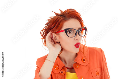 surprised nosy woman hand to ear listening juicy gossip conversation