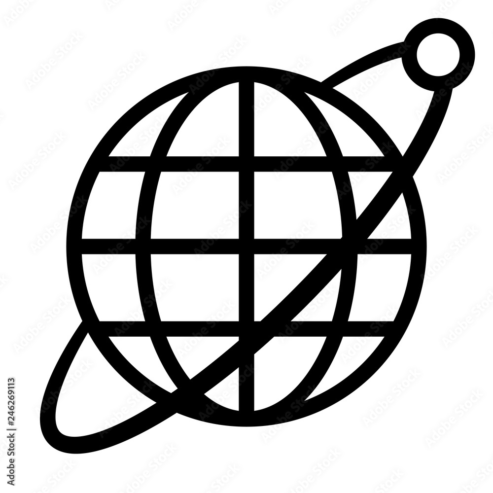 Obraz Globe symbol icon with orbit and satellite - black simple, isolated - vector