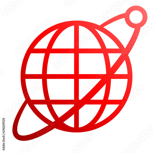 Globe symbol icon with orbit and satellite - red gradient  isolated - vector