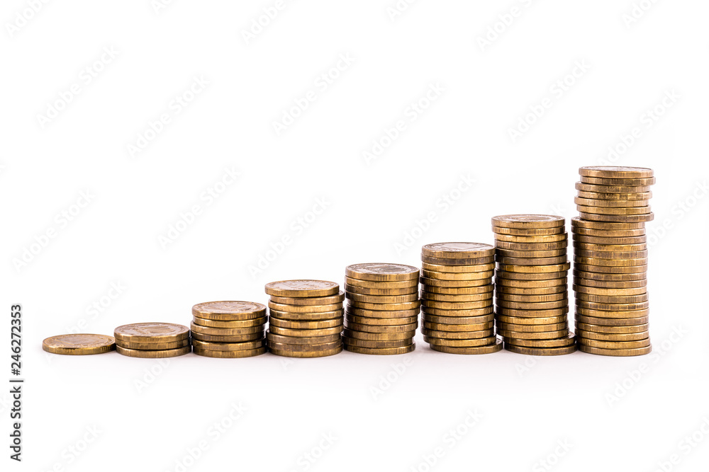 Stop motion rising stack of gold coins, rising money investment and increasing profits on a white isolated background. Concept: investment and profit growth Stop motion rising stack of gold coins, rising money investment and increasing profits on a white isolated background. Concept: investment and profit growth