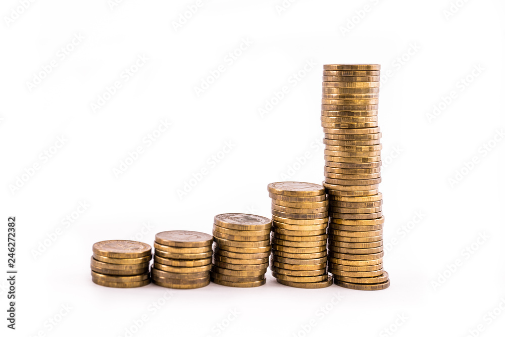Stop motion rising stack of gold coins, rising money investment and increasing profits on a white isolated background. Concept: investment and profit growth Stop motion rising stack of gold coins, rising money investment and increasing profits on a white isolated background. Concept: investment and profit growth