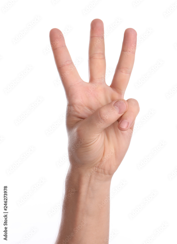 Man showing three fingers on white background, closeup of hand Man showing three fingers on white background, closeup of hand