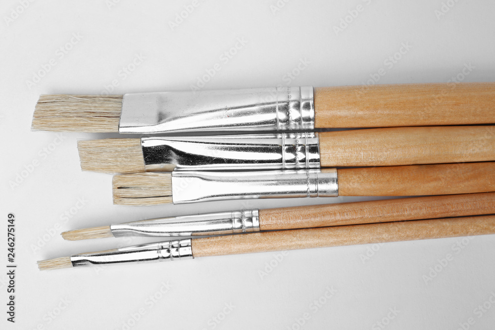 Different paint brushes on white background, top view Different paint brushes on white background, top view