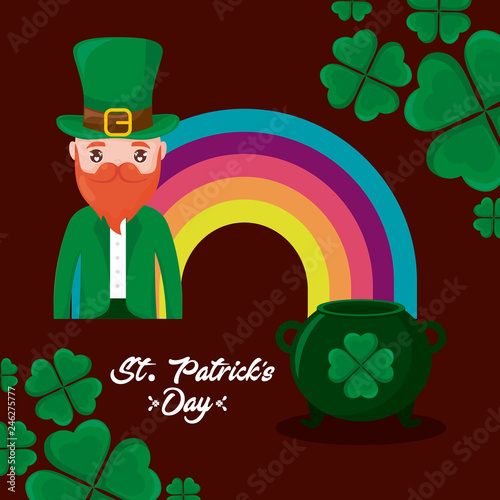 man irish with rainbow and leprechaun cauldron st patrick day