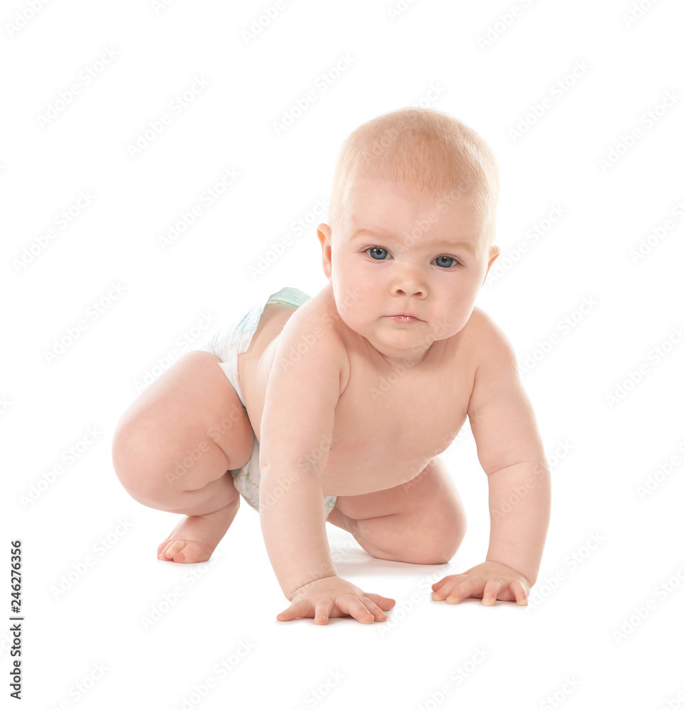 Cute little baby crawling on white background Cute little baby crawling on white background