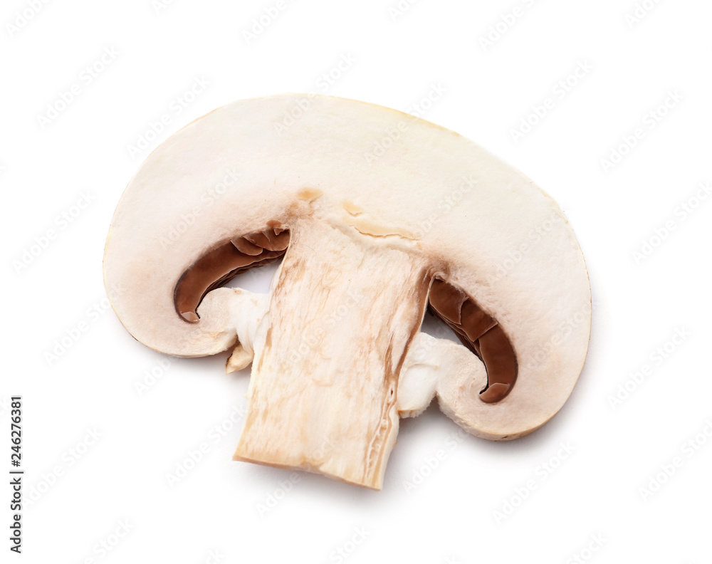 Slice of fresh champignon mushroom on white background, closeup Slice of fresh champignon mushroom on white background, closeup