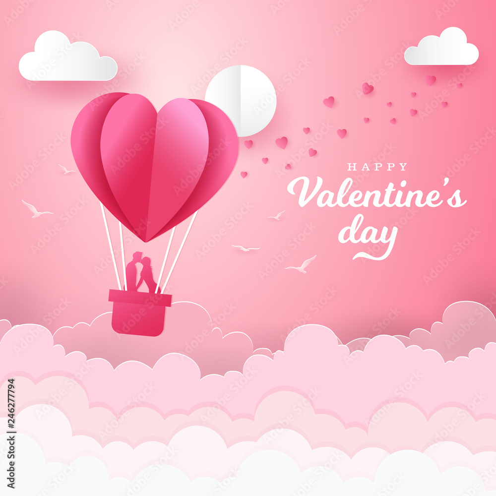 Valentine's Day greeting card with romantic couple kissing and standing inside a basket of an air balloon. paper cut style vector illustration