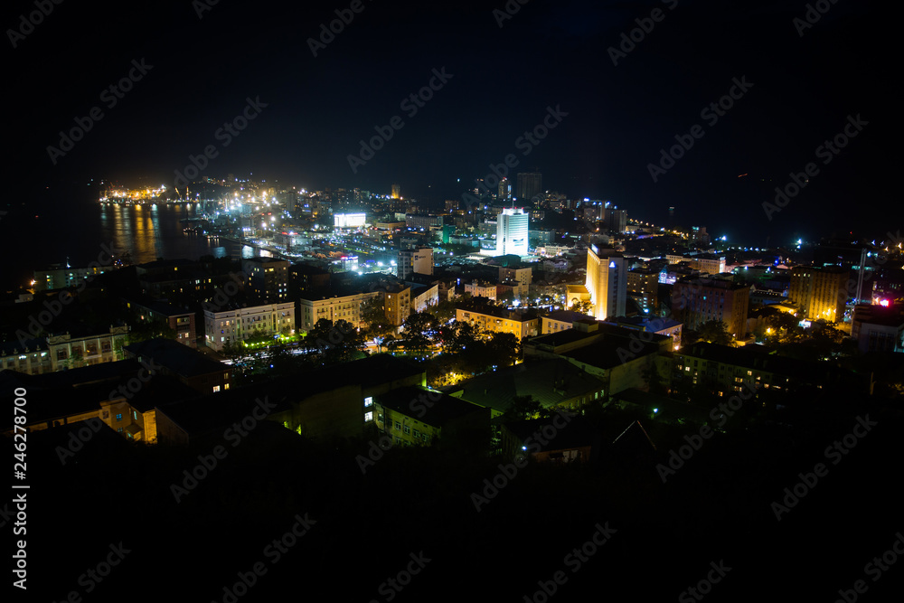 Obraz premium Aerial View. Flying over the seacoast. Vladivostok city, Russky island. Aerial camera shot. Landscape panorama. Sunny day, Eastern Bosphorus Strait, Sea of Japan. 