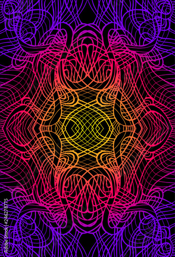 Psychedelic abstract trippy colorful fractal, gradient neon color outline, with black background. Decorative element flower pattern.