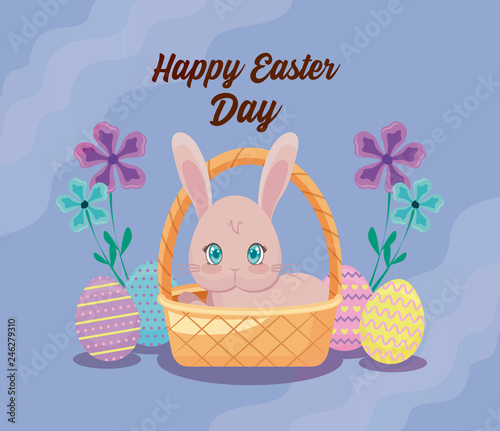 happy easter day card with cute rabbit and eggs