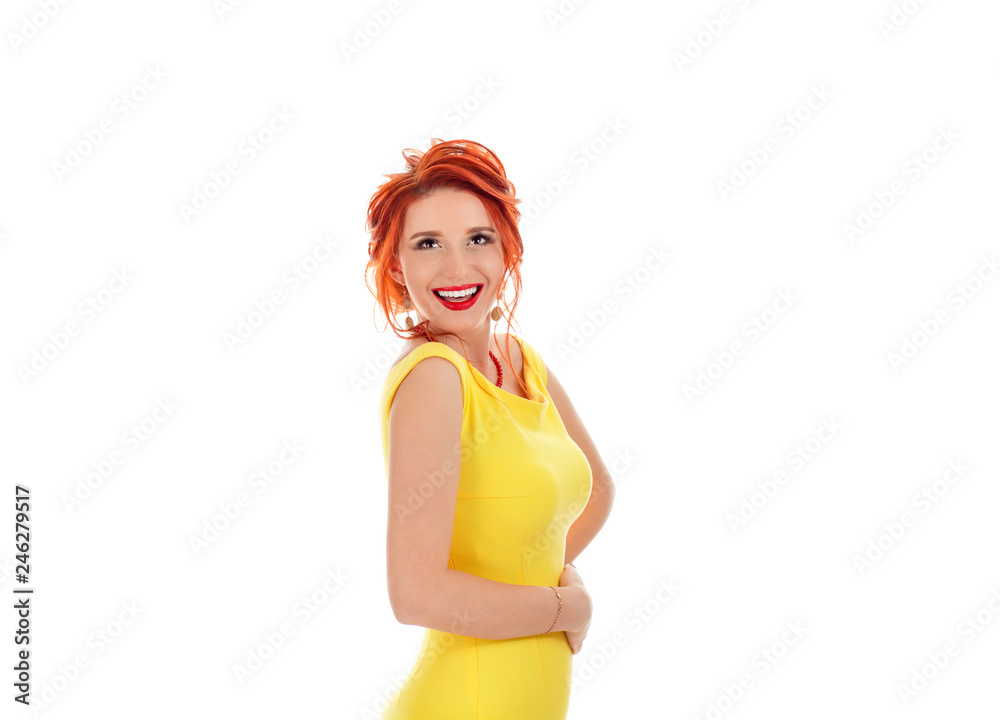 Woman looking up happily smiling Woman looking up happily smiling