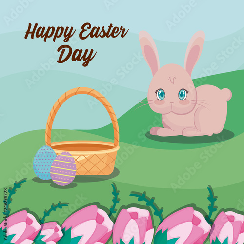 happy easter day card with cute rabbit and landscape