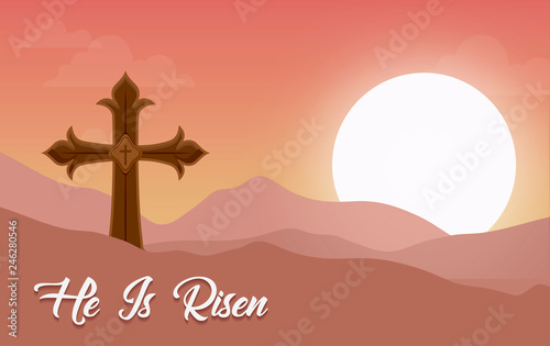 monte calvario scene with he is risen phrase