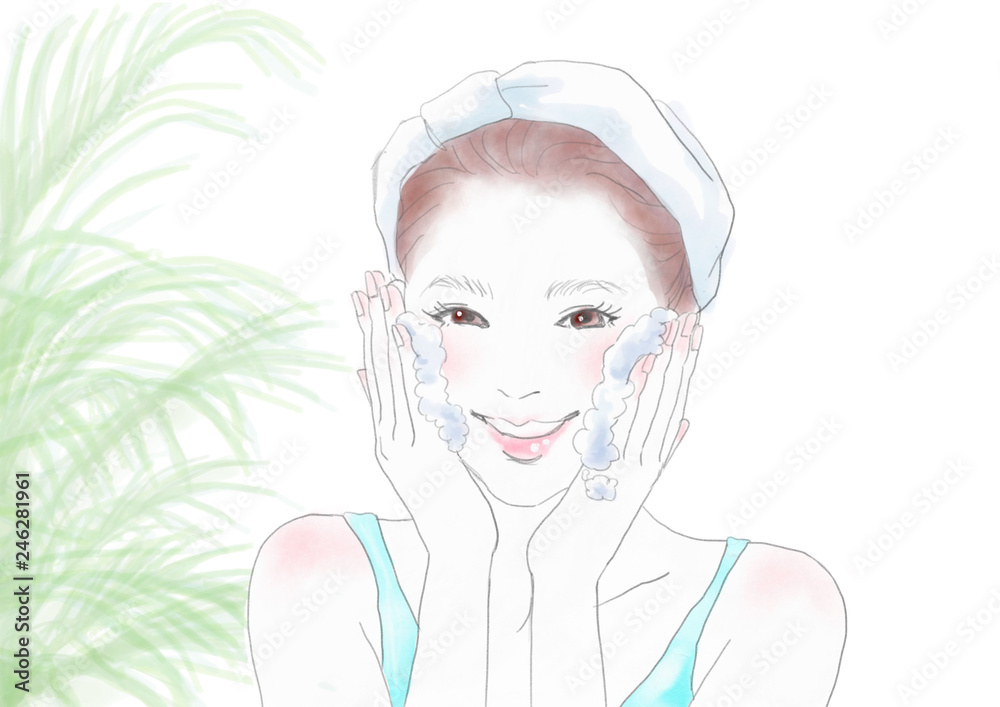 洗顔する女性 洗顔する女性