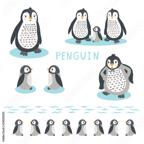 Cute cartoon penguin family vector illustration. Hand drawn kawaii animal characters motif elements set. For nursery clipart, new baby shower card, wildlife wall art.