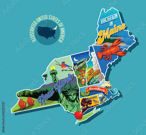 Illustrated pictorial map of Northeast United States. Includes Maine, New Hampshire, Vermont, Massachusetts, Connecticut, Rhode Island and New York. Vector Illustration.
