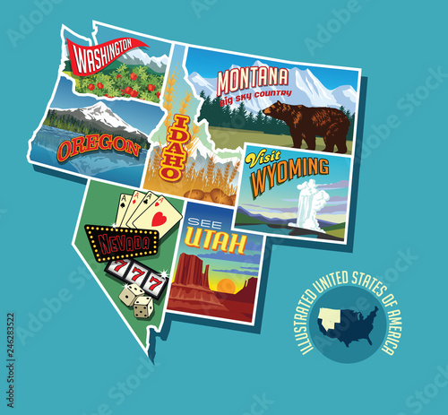 Illustrated pictorial map of Northwest United States. Includes Washington, Oregon, Idaho, Montana, Wyoming, Nevada and Utah. Vector Illustration.