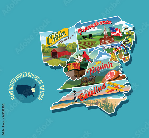 Illustrated pictorial map of eastern United States. Includes Pennsylvania, New Jersey, West Virginia, Virginia, North Carolina, Delaware and Maryland. Vector Illustration.