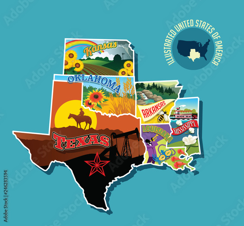 Illustrated pictorial map of south central United States. Includes Kansas, Oklahoma, Texas, Arkansas Louisiana and Mississippi. Vector Illustration.