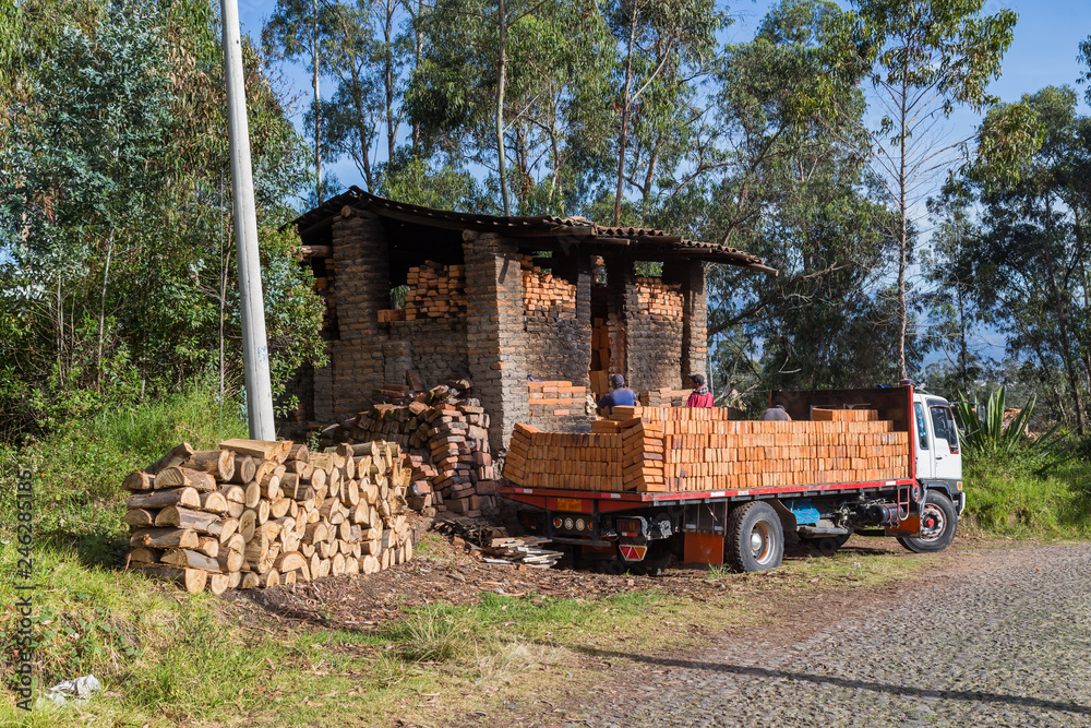 Truck loads bricks