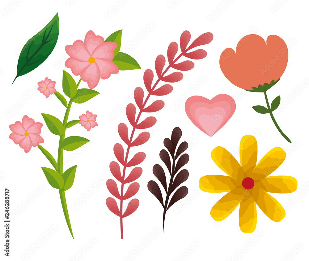 set flowers plants with branches leaves and heart