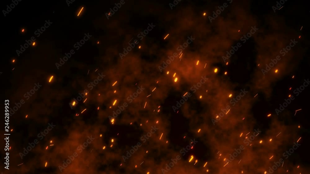 Burning red hot sparks rise from large fire seamless loop. Backdrop of bonfire, light and life. 3D animation of fiery orange glowing flying ember particles on black background in 4k with alpha matte