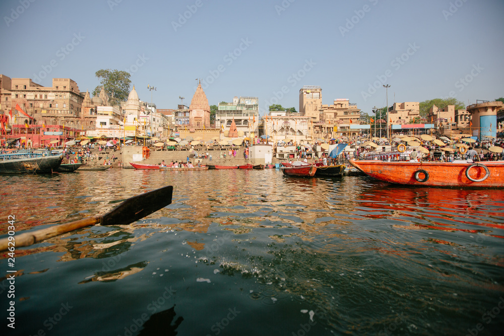 Ganga river and Varanasi ghats morning view from boat river side