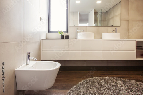 luxury bathroom interior with mirror  grey carpet and bidet