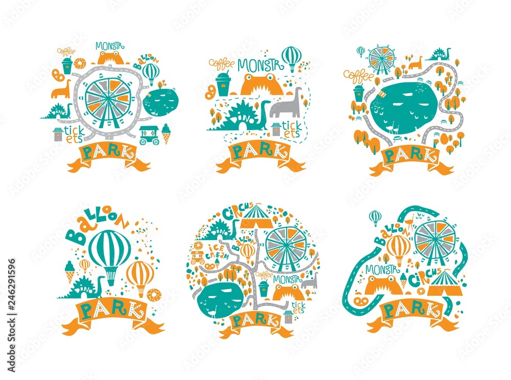 Amusement Park icons set in cartoon style with attractions and Ferris wheel, balloon. Festival, park or fair design