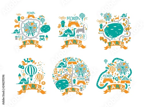Amusement Park icons set in cartoon style with attractions and Ferris wheel, balloon. Festival, park or fair design