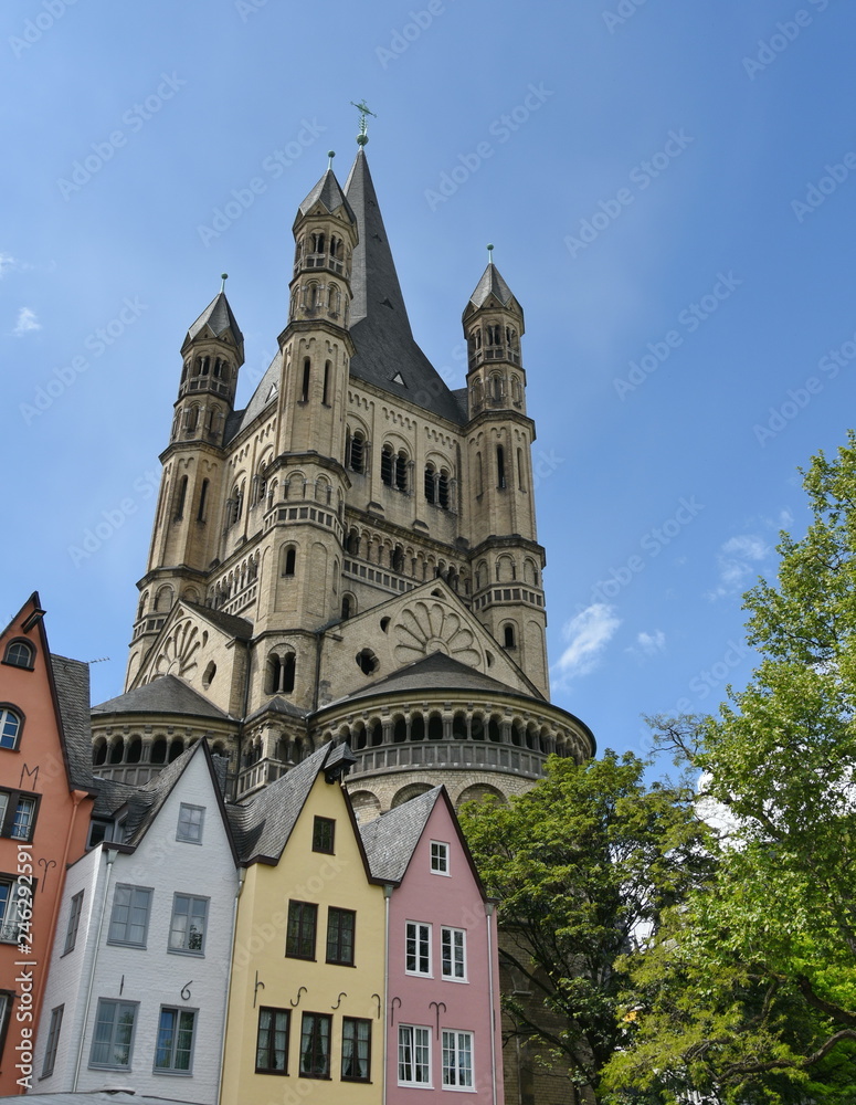 Great St. Martin Church and colorful houses in Cologne, Germany,may ,2017