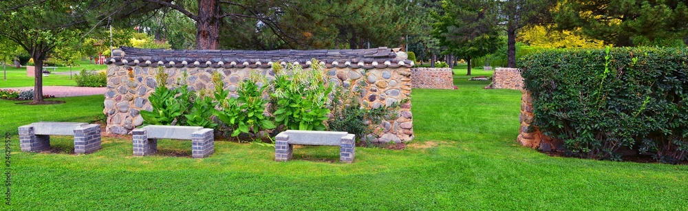 Views from the International Peace Gardens which is a botanical garden located in Jordan Park in Salt Lake City, Utah which was conceived in 1939 and dedicated in 1952. United States.