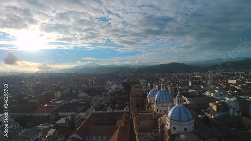 Aerial shots showing off the beautiful catholic churches and unique colonial architecture of Cuenca, Ecuador.