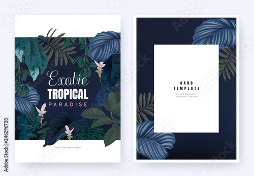 Floral invitation card template design, tropical plants and pink Curcuma alismatifolia flowers on dark blue background photo