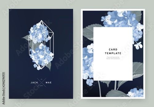 Floral wedding invitation card template design, blue hydrangea flowers in white polygon shape on dark blue background, pastel vintage style