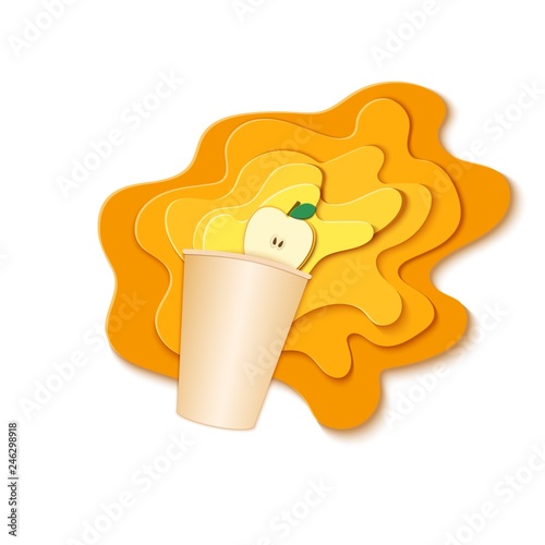 Paper cup with splash pouring juice. Bursts of apple juice in layers spread over the white background and a piece of juicy friut in paper style. Vector illustration origami art.
