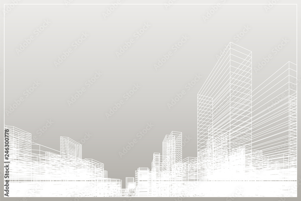 Fototapeta premium Abstract wireframe city background. Perspective 3D render of building wireframe.