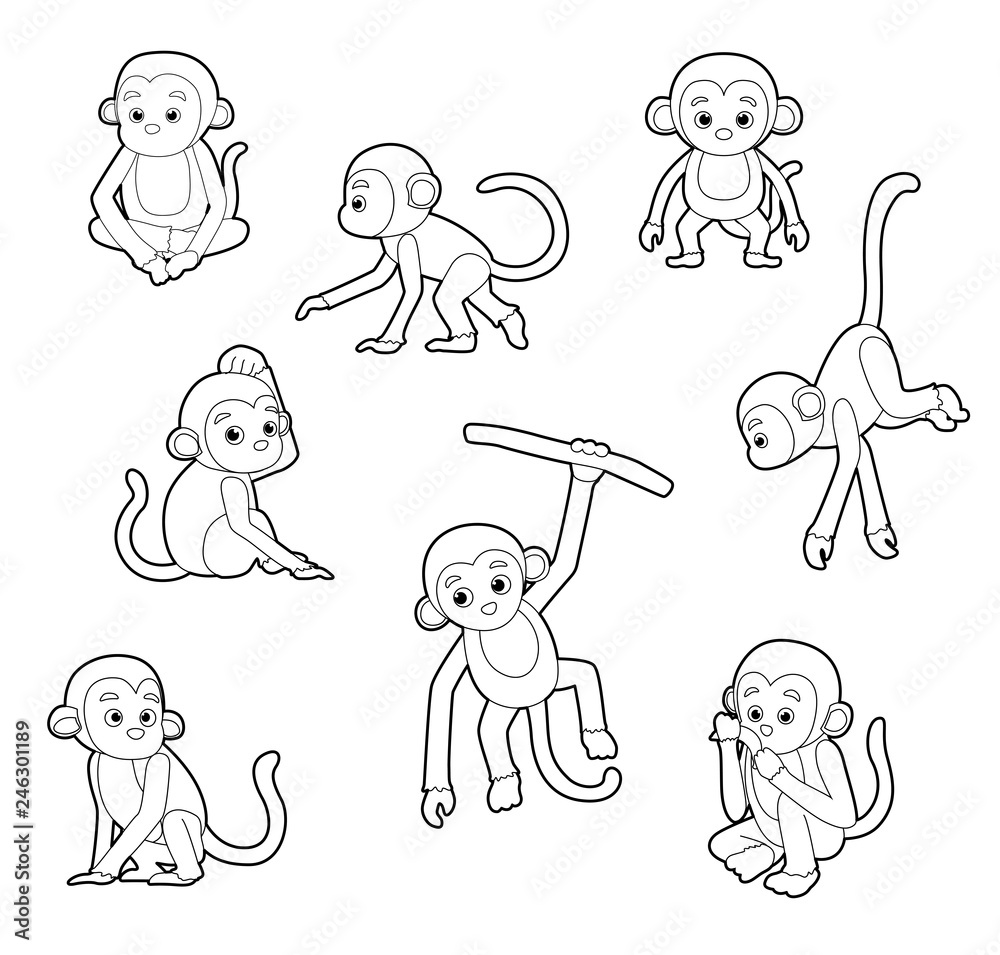 Monkey Poses Monochrome Cartoon Vector Illustration