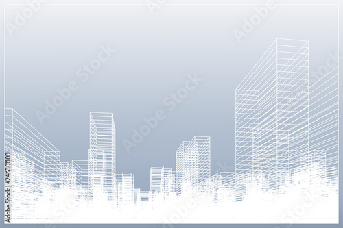 Abstract wireframe city background. Perspective 3D render of building wireframe.