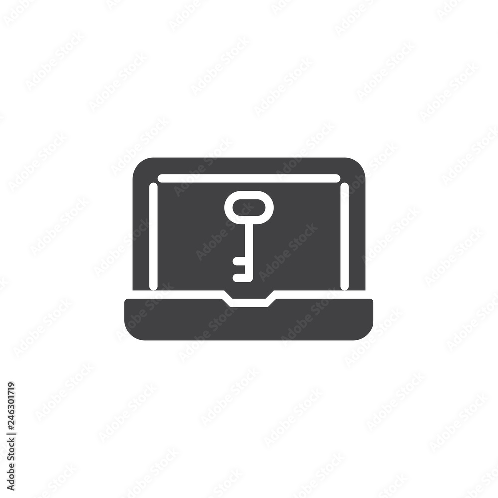 Laptop with key on screen vector icon. filled flat sign for mobile concept and web design. Internet security simple solid icon. Data protection symbol, logo illustration. Pixel perfect vector Laptop with key on screen vector icon. filled flat sign for mobile concept and web design. Internet security simple solid icon. Data protection symbol, logo illustration. Pixel perfect vector